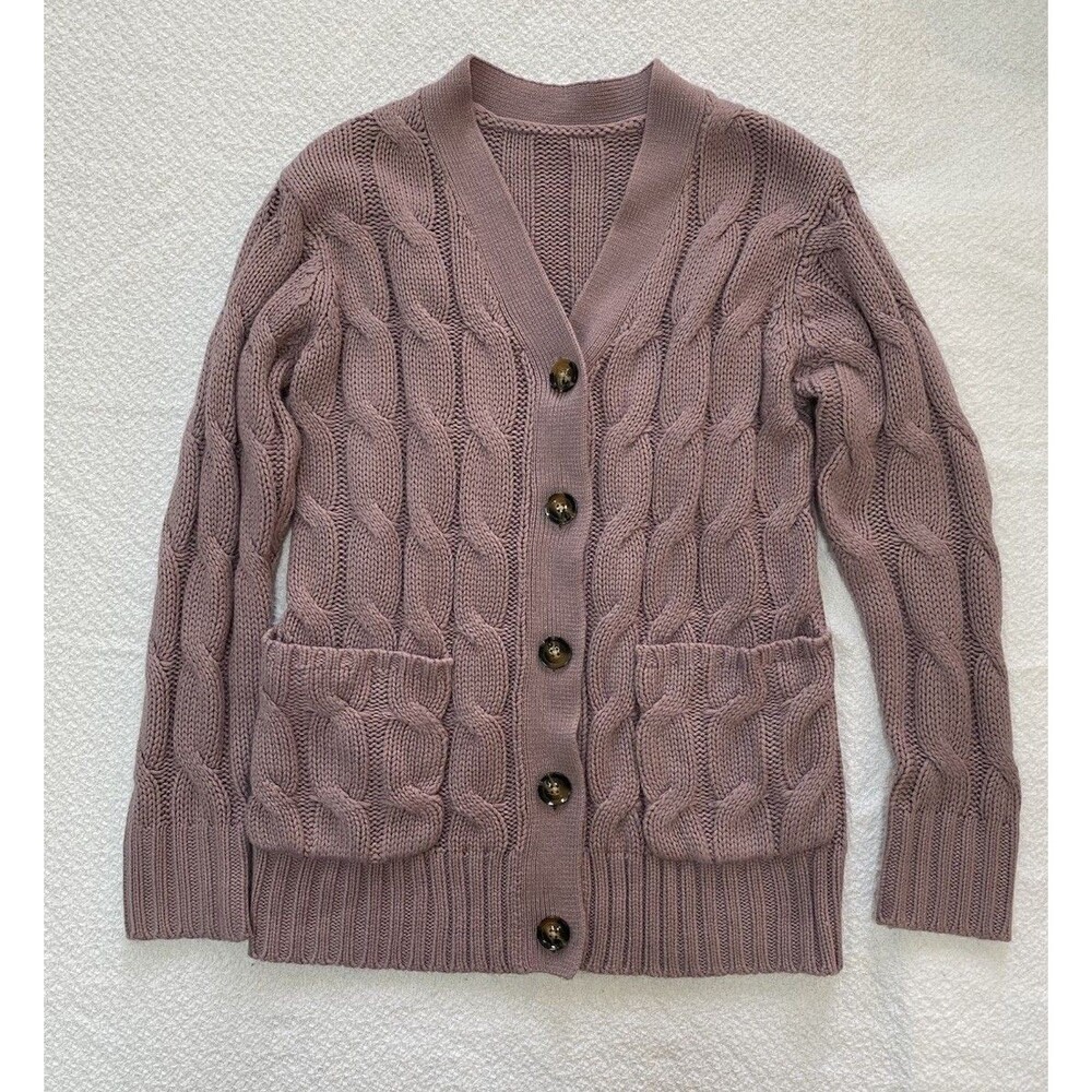 Chunky Cable Knit V-Neck Cardigan Sweater Lavender Purple Women’s Small Pockets